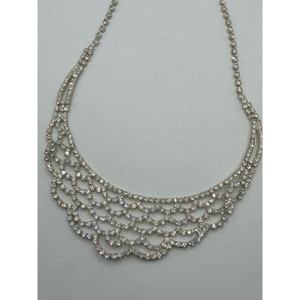 Vintage Rhinestone Necklace Silver Tone Bridal Prom Statement 16" Signed